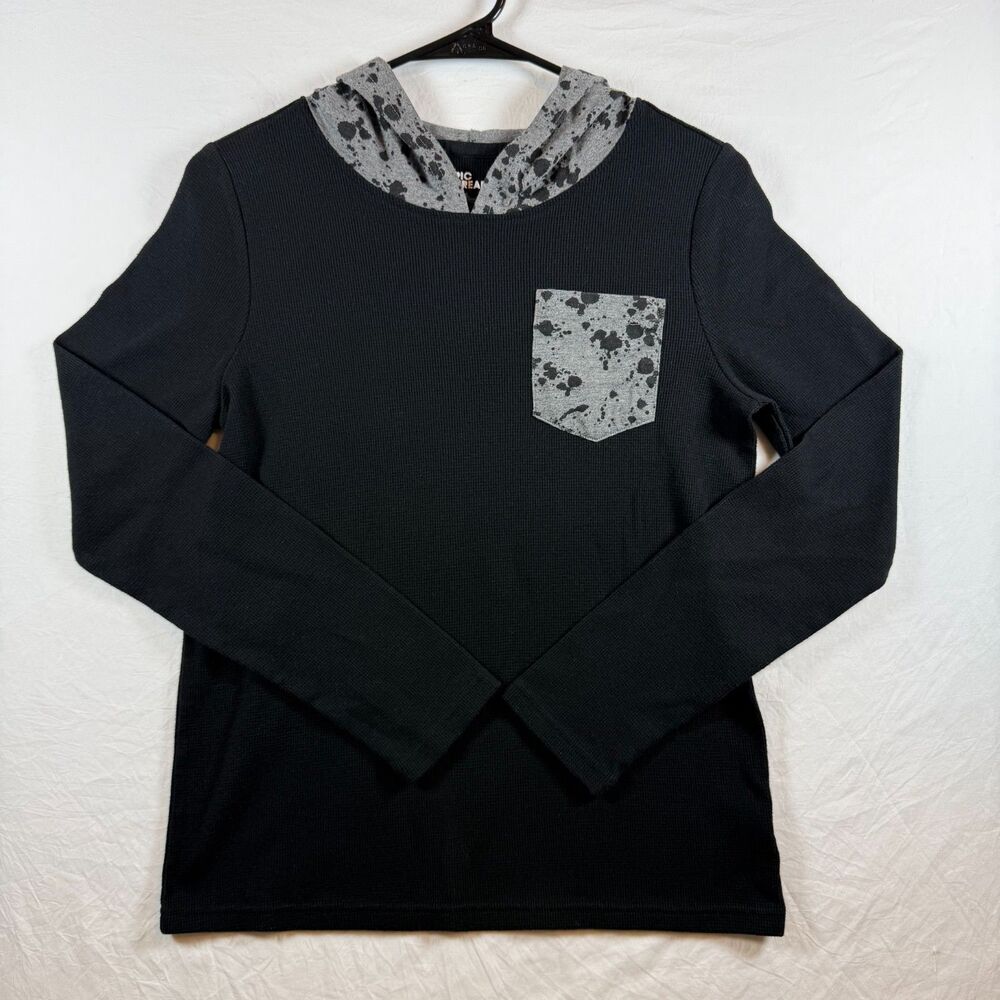Epic Threads Girls Hooded Waffle Knit Top Black Splatter XL